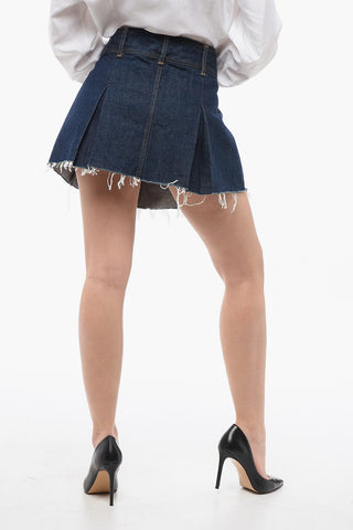 Fringed Denim Mini Skirt with Pleats