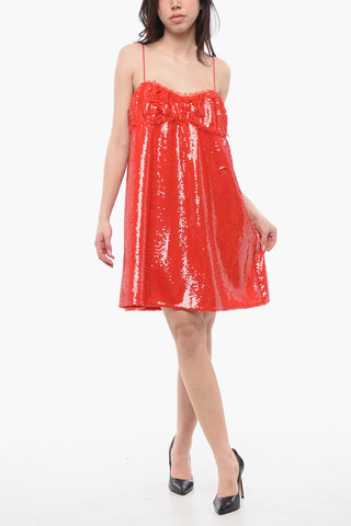 Mini Slip Dress in Paillettes Scriventi con Zip Posteriore
