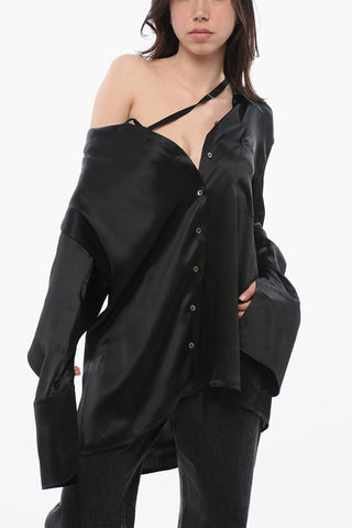Silk Satin Dropped Shoulder Shirt with Asymmetric Design