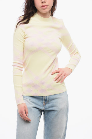 Crew Neck Ribbed Wool Blend Sweater with Tartan Motif