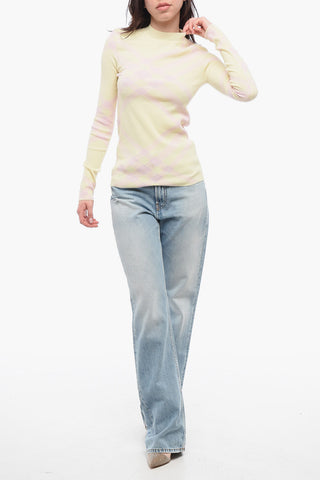 Crew Neck Ribbed Wool Blend Sweater with Tartan Motif