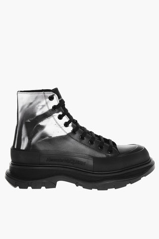 Acid Wash Effect Leather Combat Boots with Oversized Sole 5cm