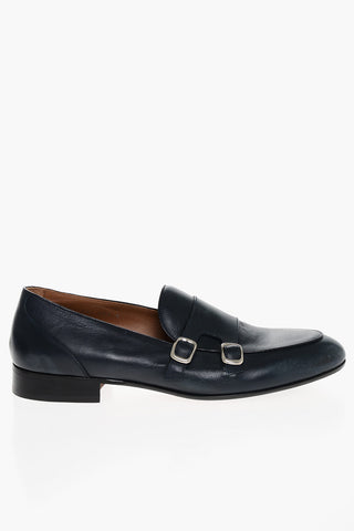 Vintage Effect Monk Strap Leather Loafers