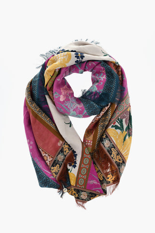 Silk Floral  Motif Foulard with Fringes