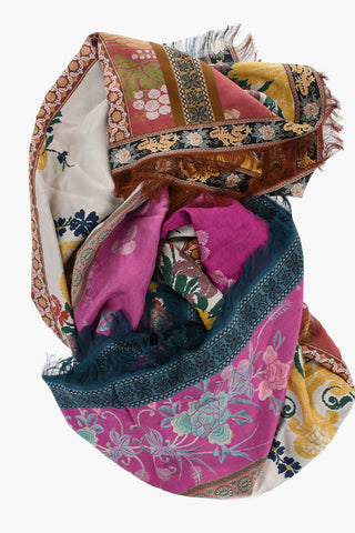 Silk Floral  Motif Foulard with Fringes