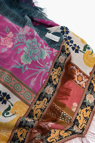 Silk Floral  Motif Foulard with Fringes