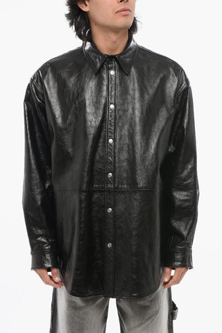 Overshirt in Pelle Spazzolata con Tasche a Filo