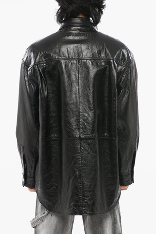 Overshirt in Pelle Spazzolata con Tasche a Filo