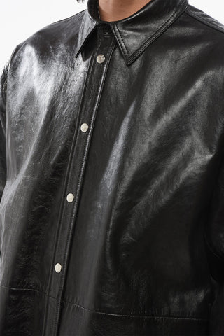Overshirt in Pelle Spazzolata con Tasche a Filo