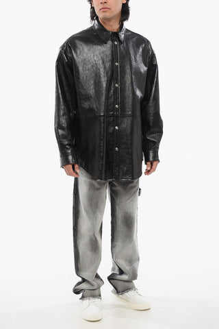 Overshirt in Pelle Spazzolata con Tasche a Filo