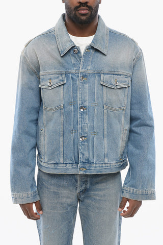 Giubbotto in Denim Delavè con Logo Posteriore in Rilievo