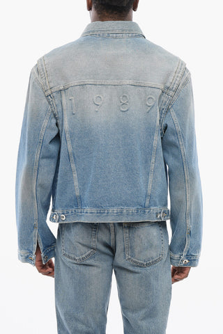 Giubbotto in Denim Delavè con Logo Posteriore in Rilievo
