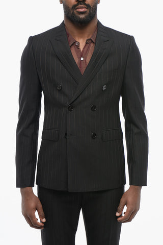 Blazer Doppiopetto Gessato in Lana con Rever a Lancia