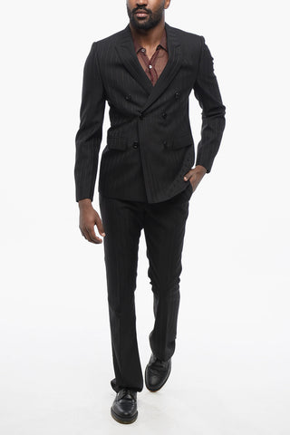 Blazer Doppiopetto Gessato in Lana con Rever a Lancia