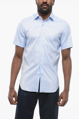 Short Sleeved Herringbone Shirt with Spread Collar