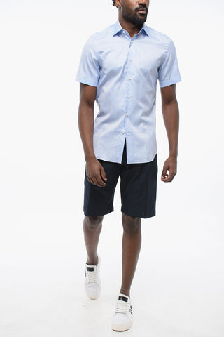 Short Sleeved Herringbone Shirt with Spread Collar
