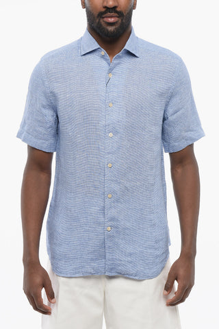 Micro Houndstooth Motif Short Sleeved Linen Shirt
