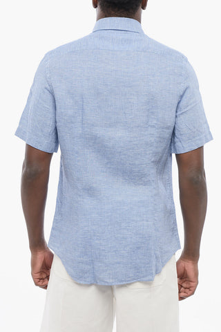 Micro Houndstooth Motif Short Sleeved Linen Shirt
