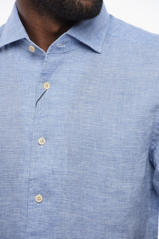 Micro Houndstooth Motif Short Sleeved Linen Shirt