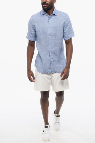 Micro Houndstooth Motif Short Sleeved Linen Shirt