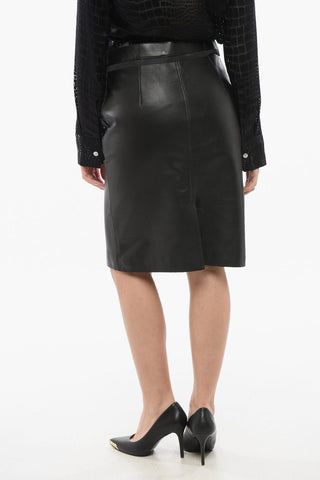 Midi Leather Skirt with Cut-Out