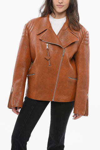 Giubbotto Biker in Pelle con Effetto Vintage