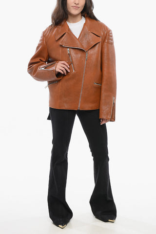 Leather Biker Jacket with Vintage Effect