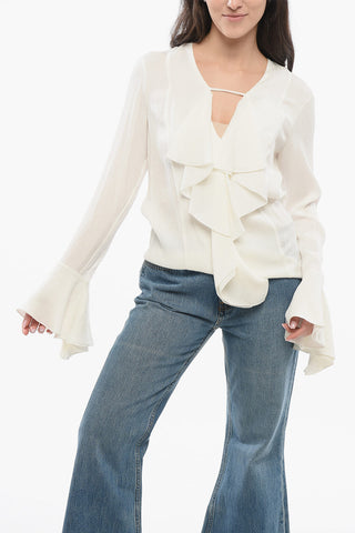 Silk Logoed Blouse with Ruffles