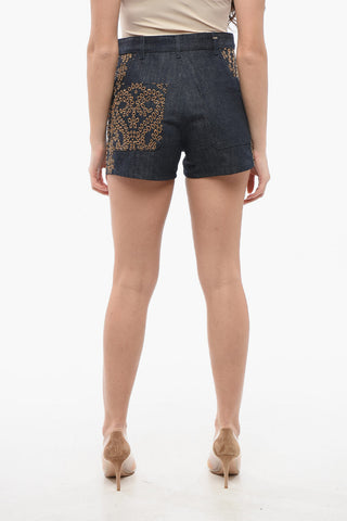 Shorts in Denim Lavaggio Scuro con Ricami
