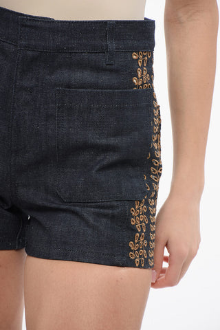Shorts in Denim Lavaggio Scuro con Ricami