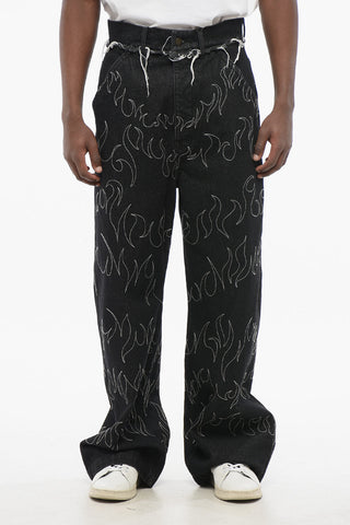 Embroidered Straight-Leg Jeans with Frayed Details 30cm