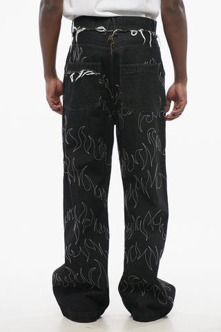 Embroidered Straight-Leg Jeans with Frayed Details 30cm