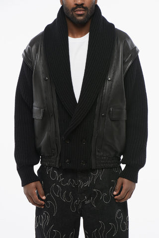 Leather Bomber With Knitted Sleeves And Collar