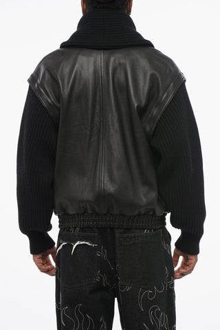 Leather Bomber With Knitted Sleeves And Collar