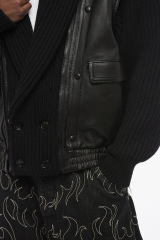 Leather Bomber With Knitted Sleeves And Collar