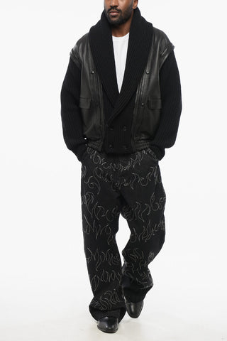 Leather Bomber With Knitted Sleeves And Collar