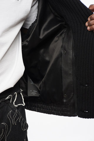 Leather Bomber With Knitted Sleeves And Collar
