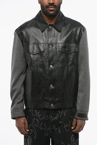 Leather Jacket with Fabric Sleeves and Back