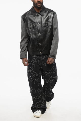 Leather Jacket with Fabric Sleeves and Back
