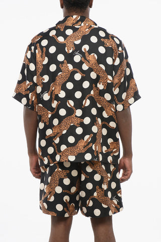 Silk LEOPARD Bowling Shirt with Polka Dot Motif