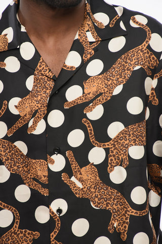 Silk LEOPARD Bowling Shirt with Polka Dot Motif
