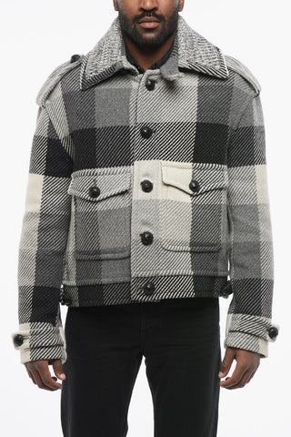Cappotto Corto Motivo Tartan con Bottoni Rivestiti