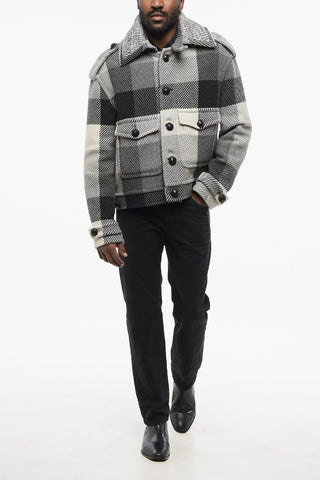 Cappotto Corto Motivo Tartan con Bottoni Rivestiti