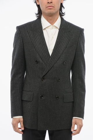 Pinstripped Wool Double- Breasted Blazer with Peak Lapel