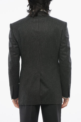 Pinstripped Wool Double- Breasted Blazer with Peak Lapel