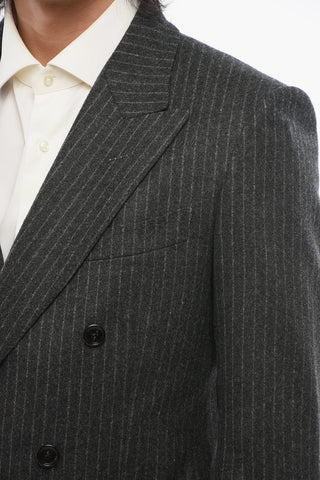 Pinstripped Wool Double- Breasted Blazer with Peak Lapel