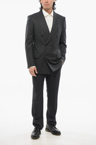 Pinstripped Wool Double- Breasted Blazer with Peak Lapel