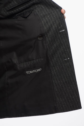 Pinstripped Wool Double- Breasted Blazer with Peak Lapel