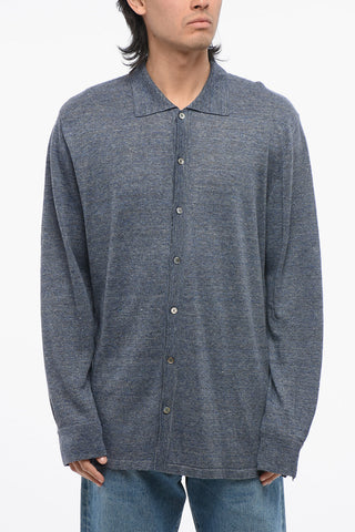 Linen Cardigan With Polo Shirt Neck