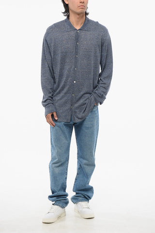 Linen Cardigan With Polo Shirt Neck